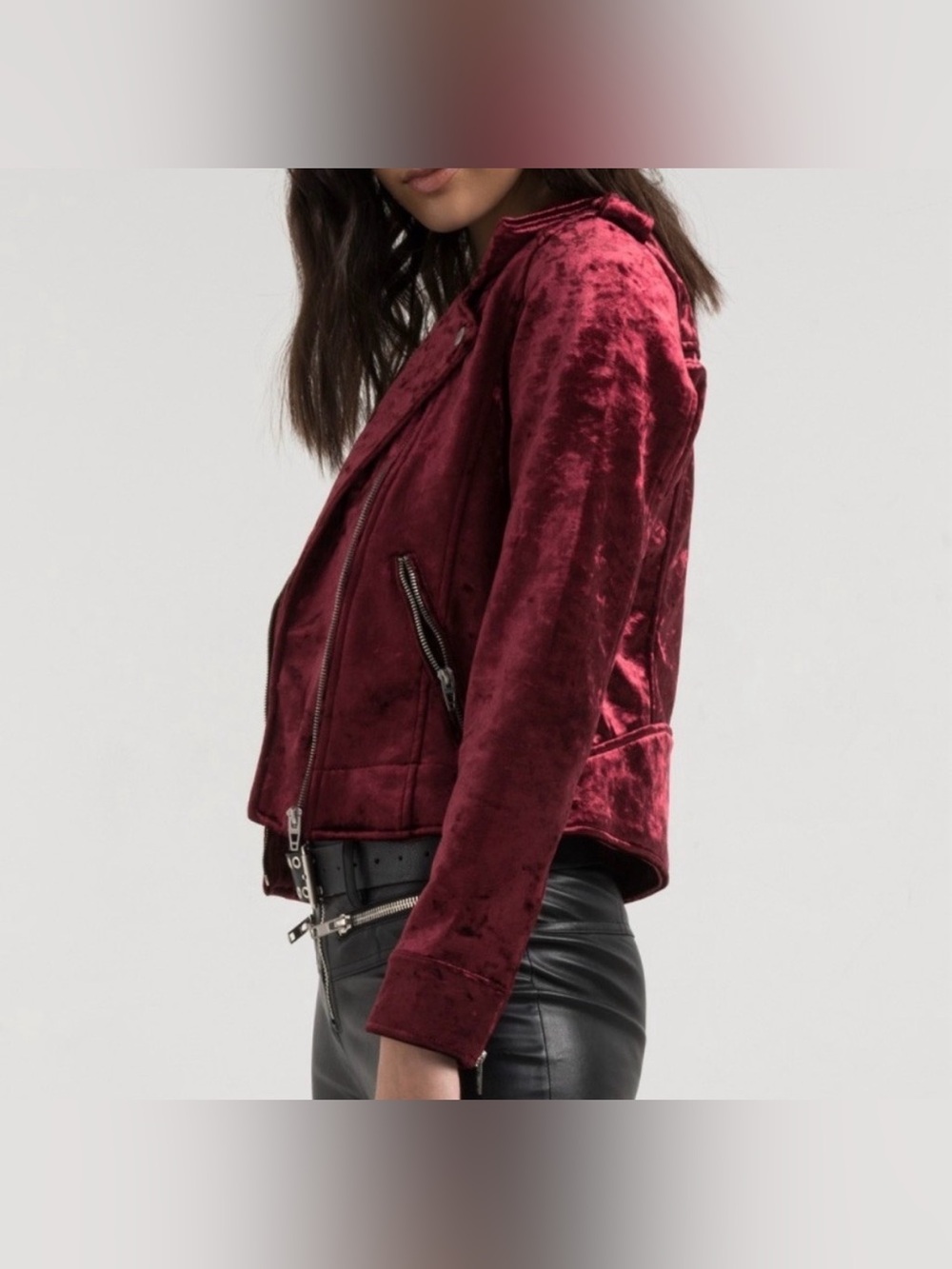 [BLANKNYC] NWOT Crushed Velvet Cropped Asymmetrical Moto Jacket Deep Merlot - M - Picture 4 of 15